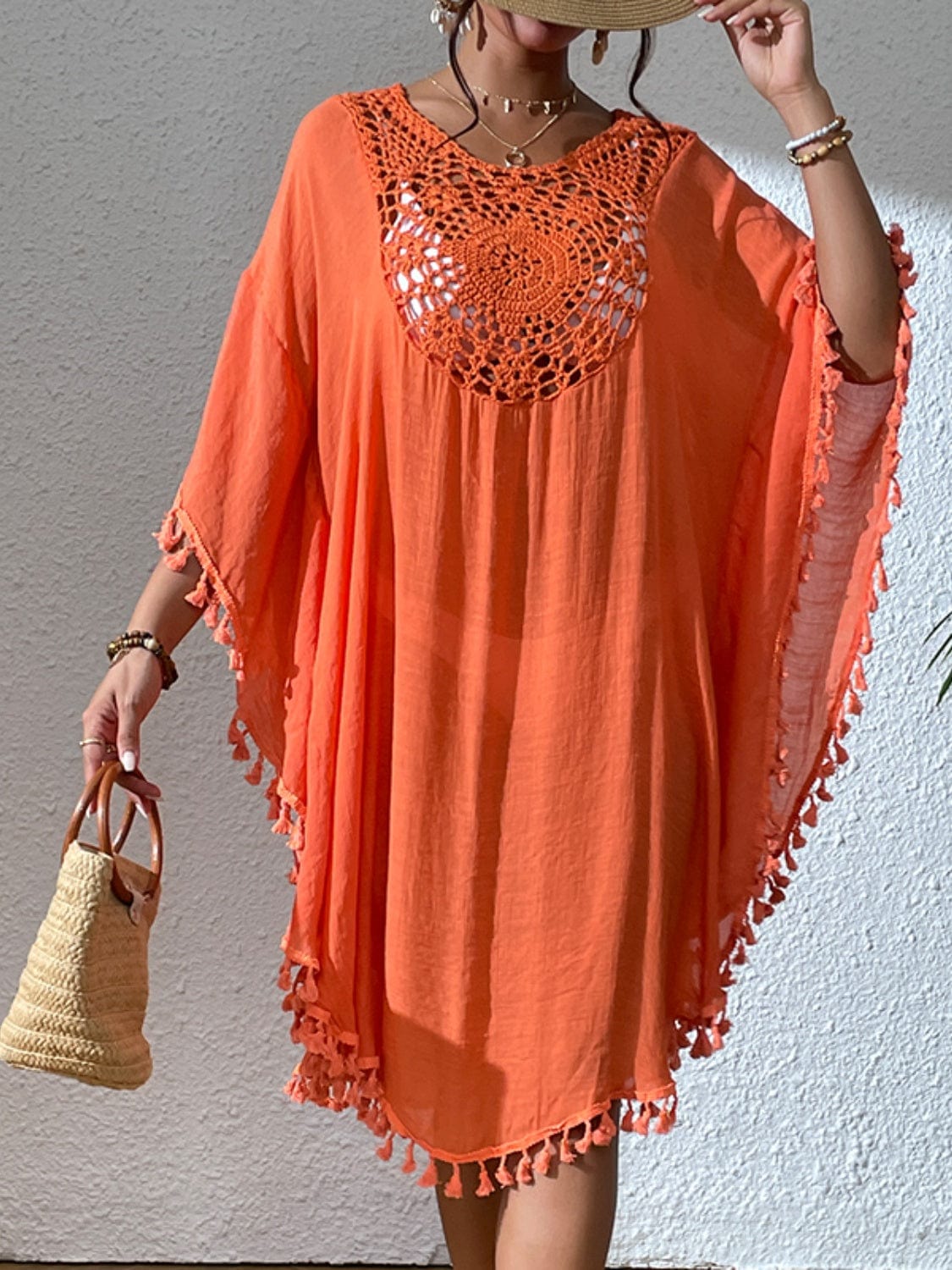 Rosy Brown Tassel Cutout Scoop Neck Cover-Up Dress