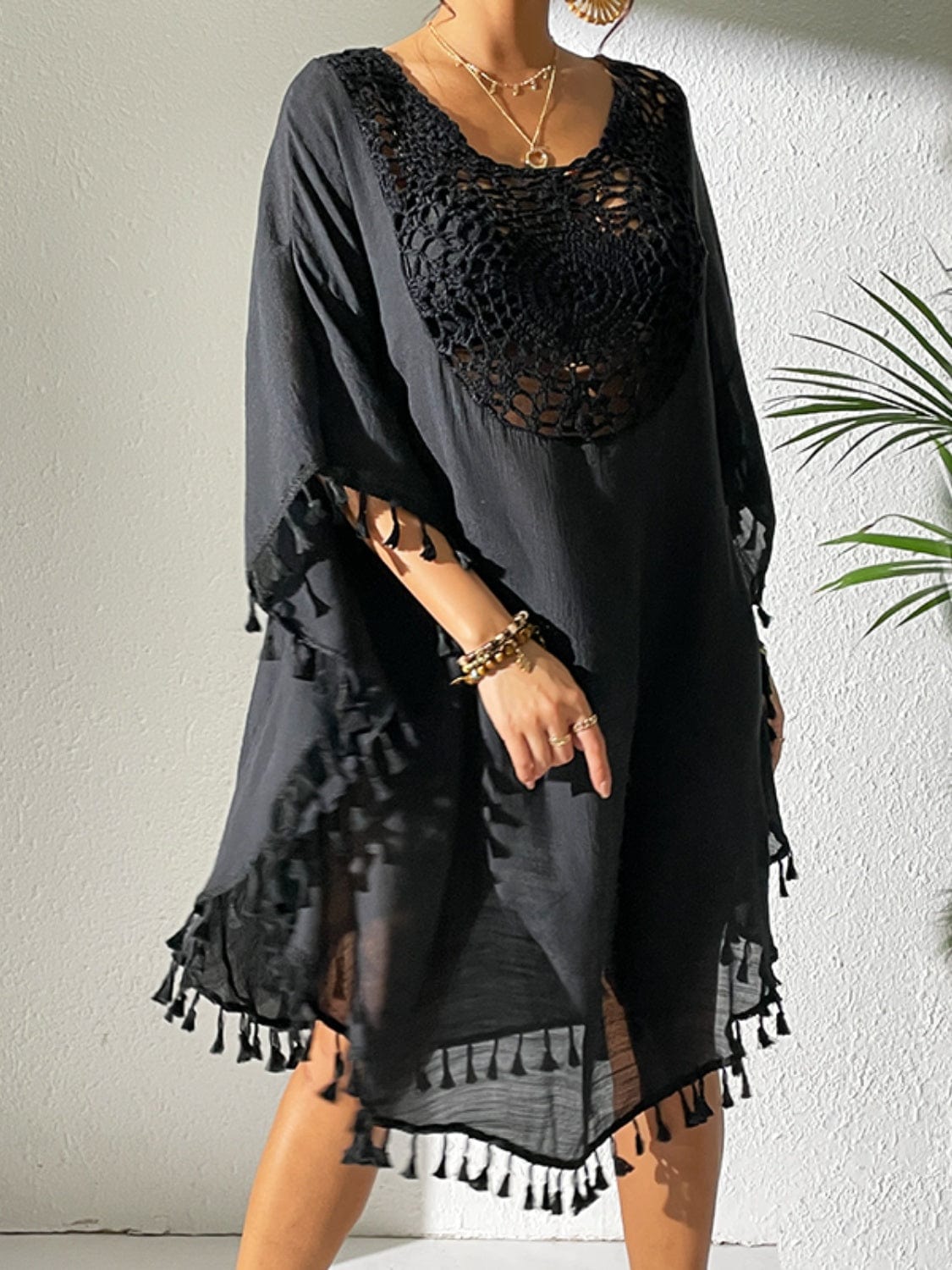 Black Tassel Cutout Scoop Neck Cover-Up Dress