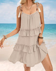 Light Gray Tassel Scoop Neck Tie Shoulder Mini Dress