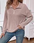 Double Take Striped Half Zip Long Sleeve T-Shirt