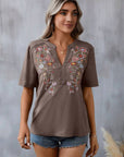 Dark Gray Embroidered Notched Short Sleeve T-Shirt