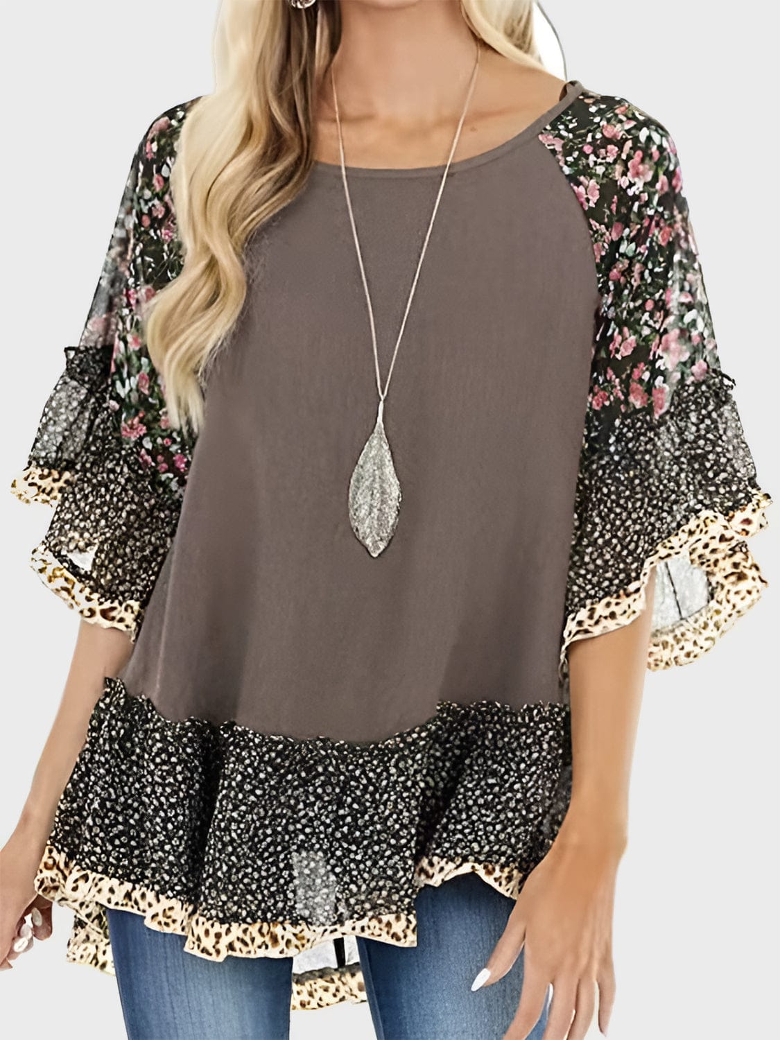 Light Gray Full Size Frill Printed Round Neck Half Sleeve Blouse