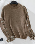 Lace Up Round Neck Long Sleeve Sweater