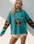 Double Take Drawstring Plaid Star Patch Long Sleeve Hoodie