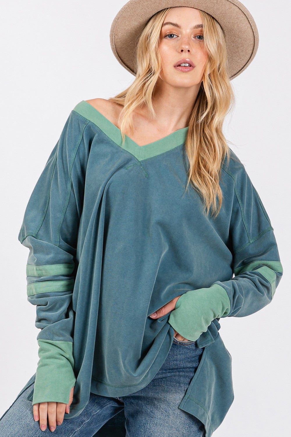 Light Gray SAGE + FIG Mineral Wash Side Slit Contrast Top