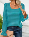 Striped Square Neck Flounce Sleeve Top