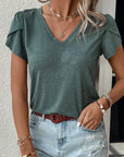 Dark Slate Gray V-Neck Petal Sleeve T-Shirt