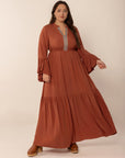 Plus Size Ruffled Notched Long Sleeve Midi Dress