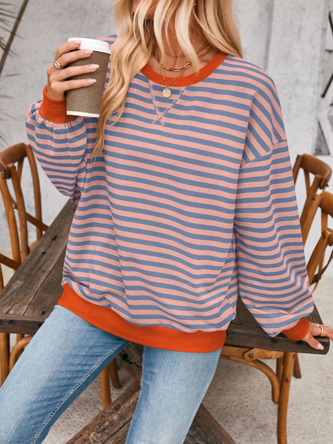 Dark Gray Contrast Striped Long Sleeve Sweatshirt