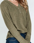 Textured V-Neck Long Sleeve T-Shirt