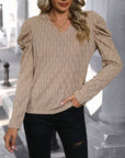 Rosy Brown Textured V-Neck Long Sleeve Top