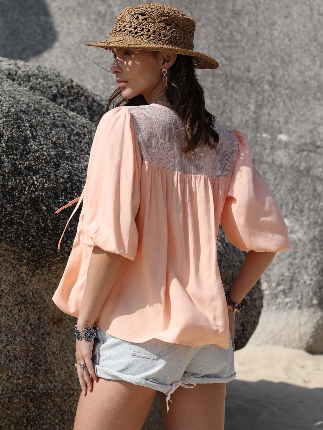 Dim Gray Tie Neck Half Sleeve Blouse