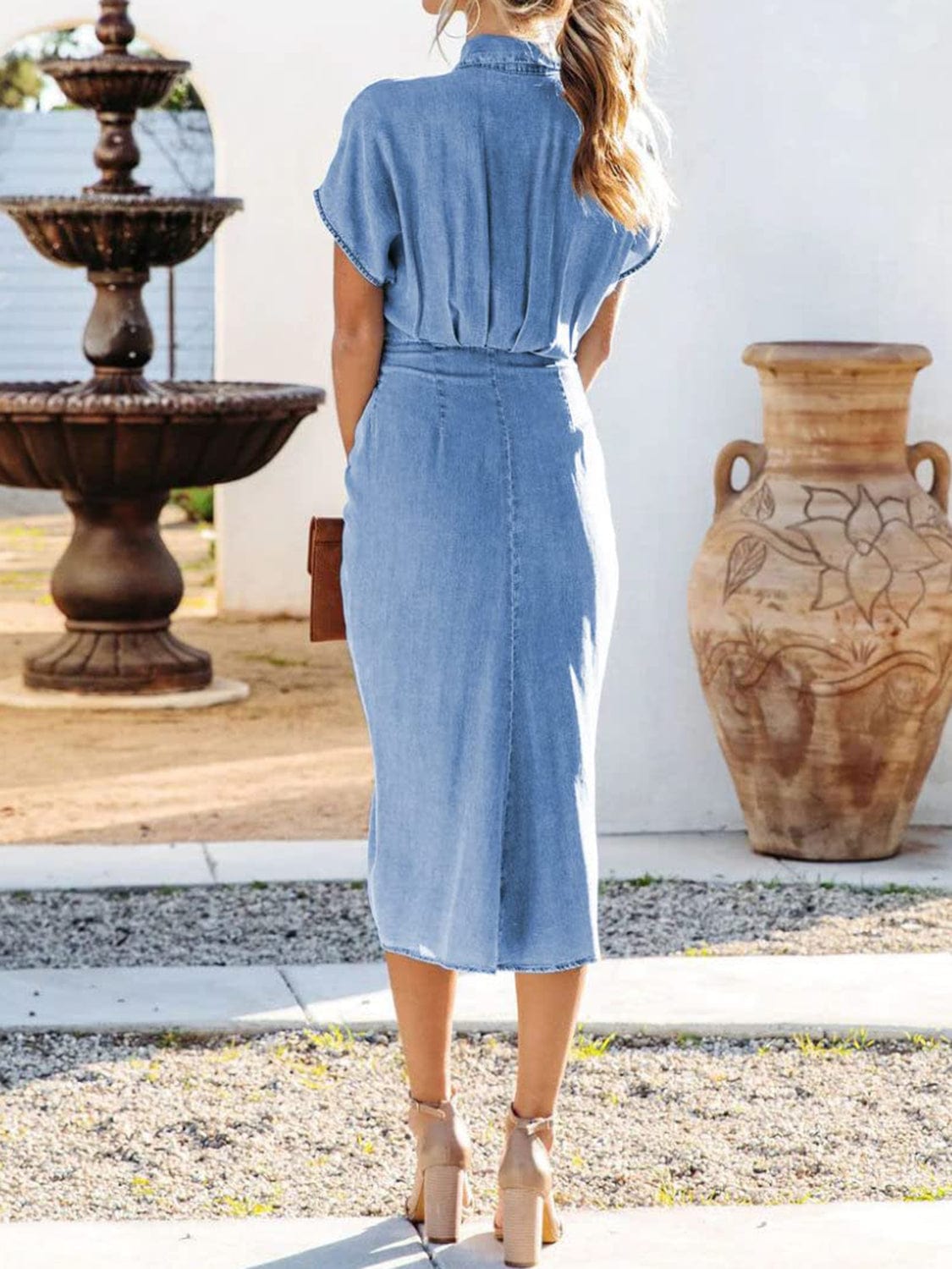 Light Gray Tied Button Up Short Sleeve Denim Dress