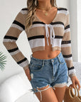 Light Gray Tied Openwork Long Sleeve Knit Top