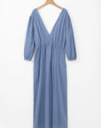 Tied Plunge Three-Quarter Sleeve Denim Dress