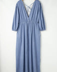 Tied Plunge Three-Quarter Sleeve Denim Dress