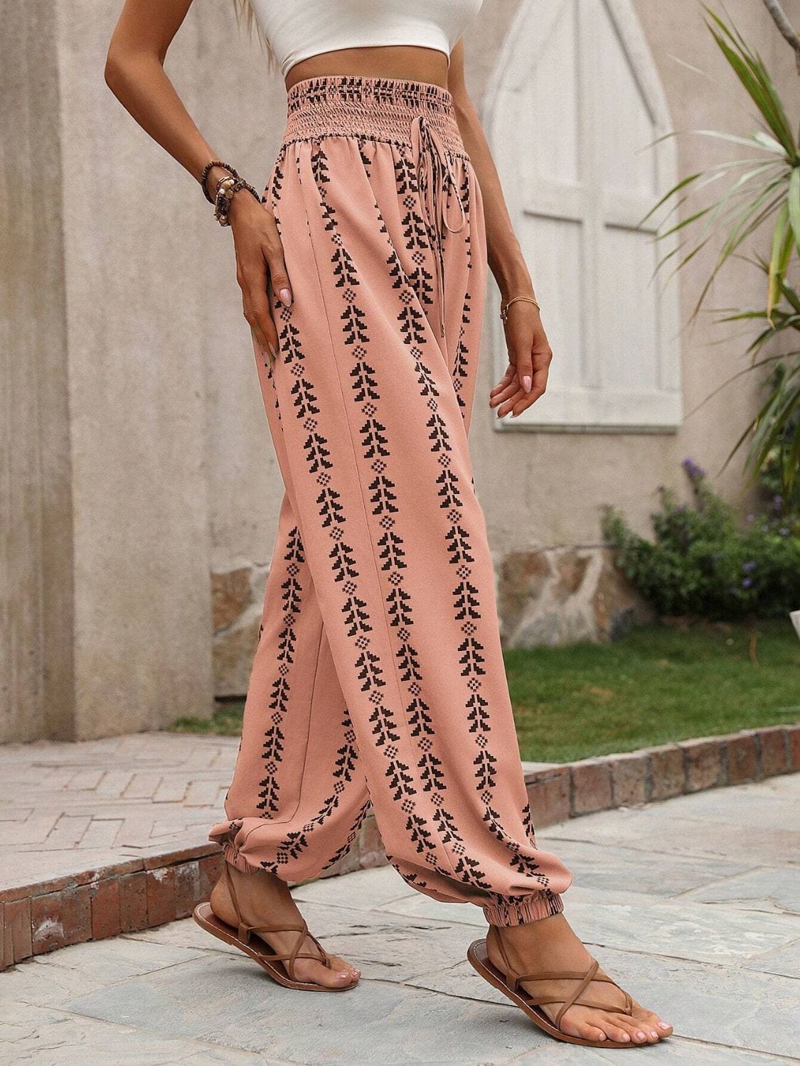 Rosy Brown Tied Printed High Waist Pants