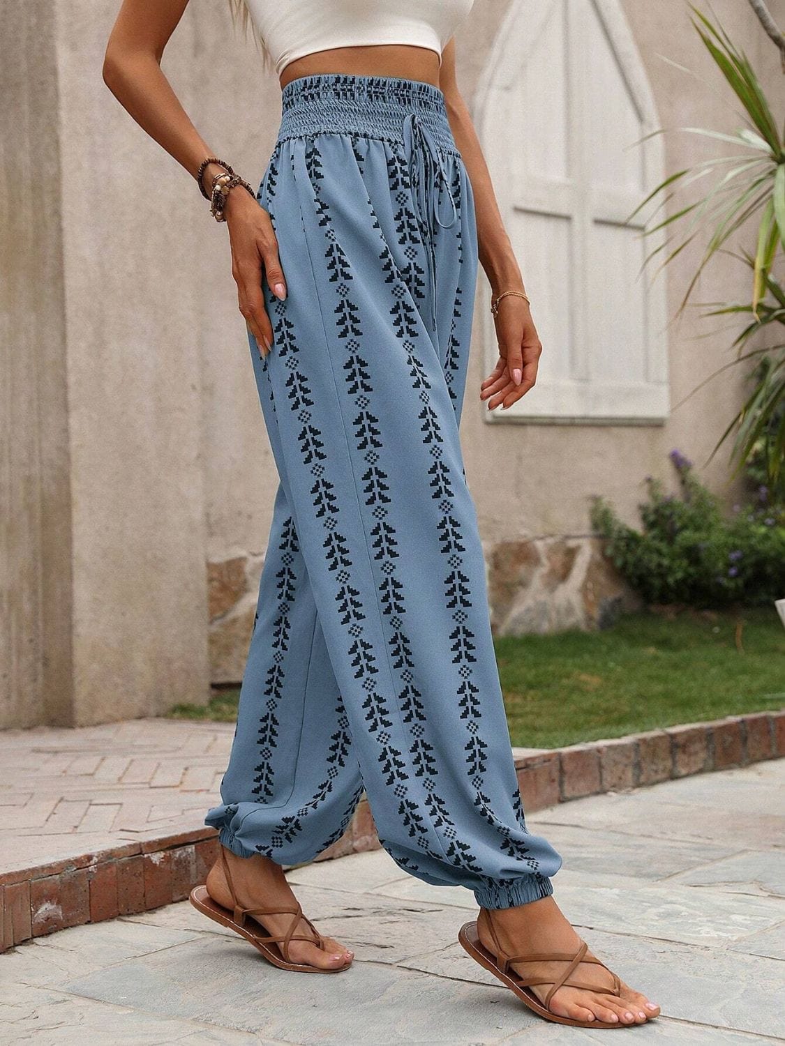 Dark Gray Tied Printed High Waist Pants