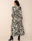 Tied Printed V-Neck Long Sleeve Midi Dress