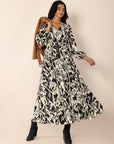 Tied Printed V-Neck Long Sleeve Midi Dress