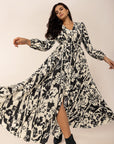 Tied Printed V-Neck Long Sleeve Midi Dress