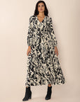 Tied Printed V-Neck Long Sleeve Midi Dress