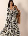 Tied Printed V-Neck Long Sleeve Midi Dress