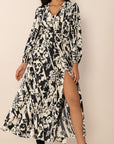 Tied Printed V-Neck Long Sleeve Midi Dress