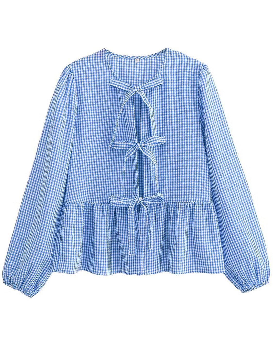 Sky Blue Tied Round Neck Long Sleeve Blouse