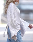 Tied Sequin Surplice Flare Sleeve Blouse