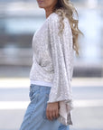 Tied Sequin Surplice Flare Sleeve Blouse