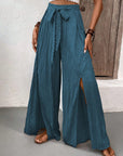 Dark Slate Gray Tied Slit Wide Leg Pants