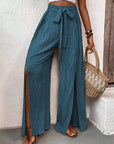 Gray Tied Slit Wide Leg Pants