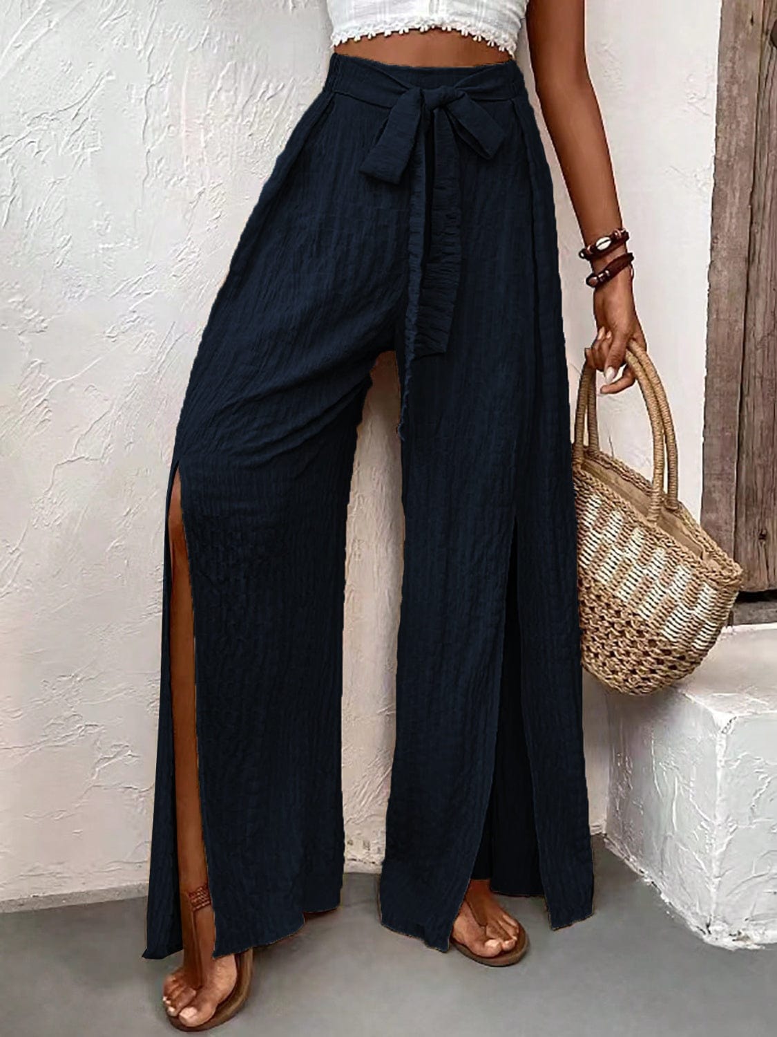 Gray Tied Slit Wide Leg Pants