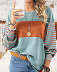 Round Neck Striped Long Sleeve Slit T-Shirt