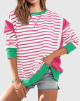 Slit Exposed Seam Striped Long Sleeve Sweatshirt