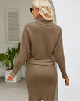 Turtle Neck Long Sleeve Ribbed Sweater Dress