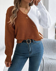 Two-Tone V-Neck Long Sleeve Sweater