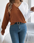 Two-Tone V-Neck Long Sleeve Sweater