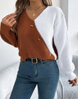 Two-Tone V-Neck Long Sleeve Sweater