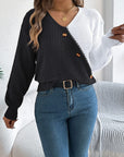 Two-Tone V-Neck Long Sleeve Sweater