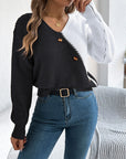 Two-Tone V-Neck Long Sleeve Sweater