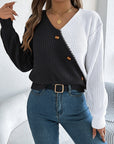 Two-Tone V-Neck Long Sleeve Sweater