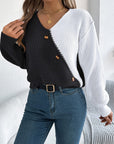 Two-Tone V-Neck Long Sleeve Sweater