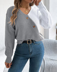 Two-Tone V-Neck Long Sleeve Sweater