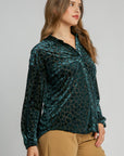 Umgee Animal Print Button Up Velvet Shirt