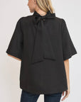 Umgee Bow Tie Back Mock Neck Half Sleeve Blouse