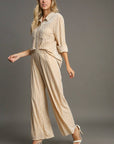 Umgee Elastic Waist Striped Wide Leg Velvet Pants