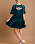 Umgee Embroidered Half Sleeve Velvet Mini Dress with Tassel