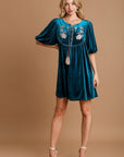 Umgee Embroidered Half Sleeve Velvet Mini Dress with Tassel